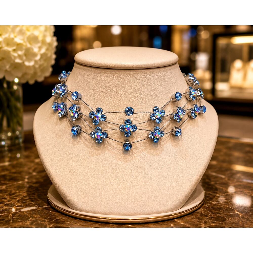 Vintage Aurora Borealis Rhinestone Floral Choker Silver Tone Wedding Prom